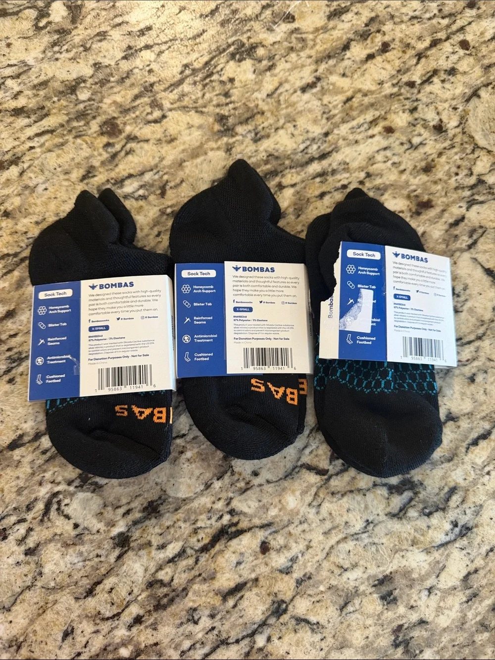 Bombas Bundle of Black Unisex Cushioned Antimicrobial Ankle Socks / XS